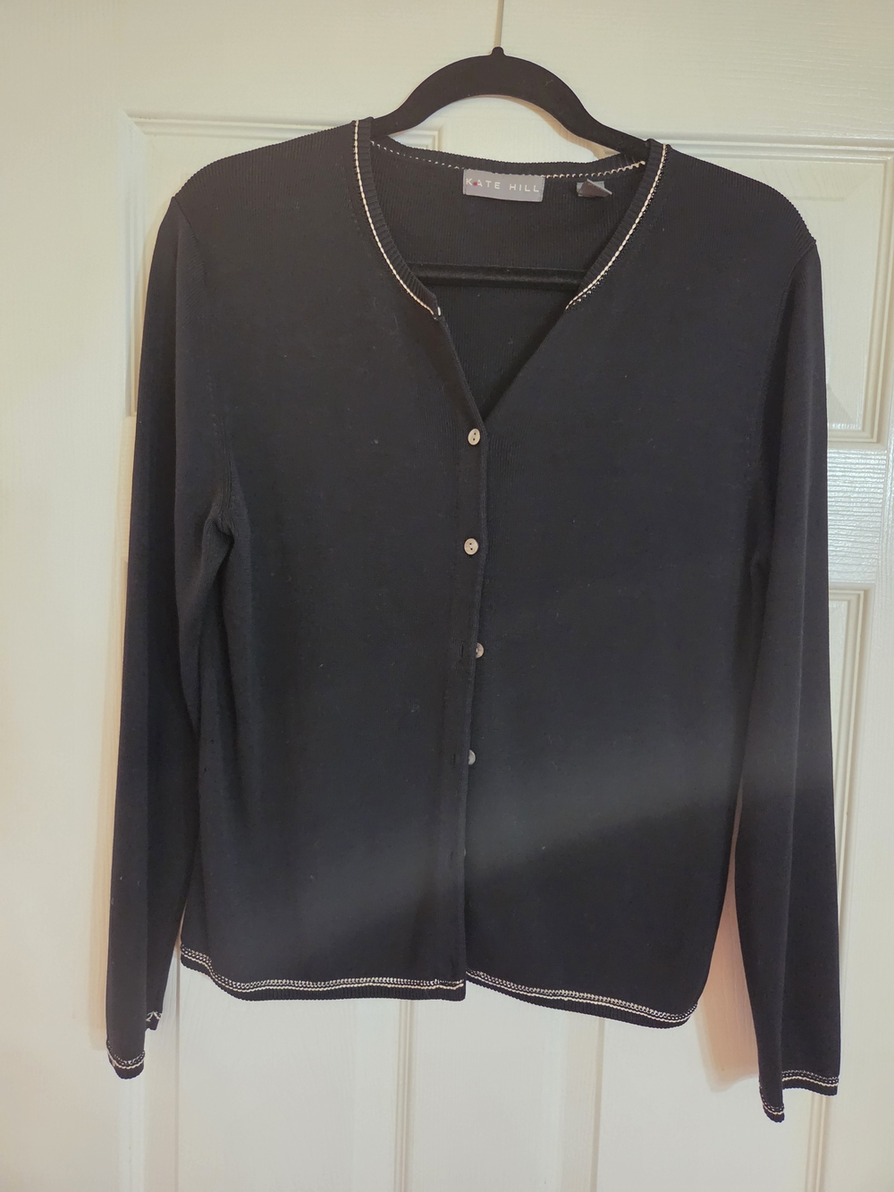 Kate Hill Black Cardigan with White Topstitching